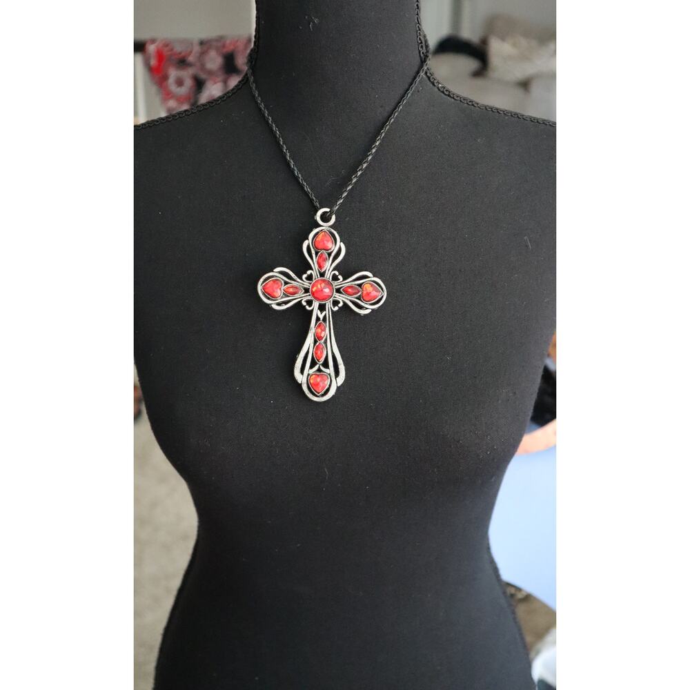 Vintage 90s Y2K LARGE Silver Cross Ruby Red Rhinestone Leather Cord Necklace